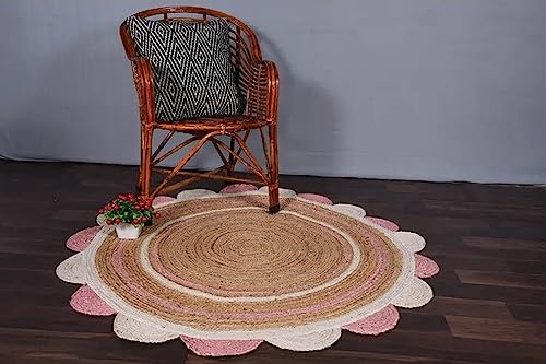 Avgari Creation Tapis rond en jute tressé à la main pour salon, cuisine, couloir, salon, intérieur et extérieur (bordure rose)