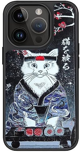 AUKIYUI Designed for iPhone 14 Pro Case, Japanese Design Phone Case Shockproof Hard Back with Non-Slip Soft Bumper Cover, Aesthetic Shiro Cat Print Cool Embossed Pattern, Black 6.1