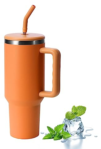 Uezeth Tumbler with Straw Lid and Handle, Stainless Steel Coffee Travel Insulated Cup Mug, 40oz/30oz Cup Travel Mug, Water Bottle Thermos for Hot and Cold Coffee (Orange5)