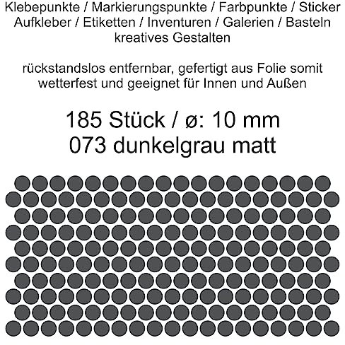 Aufkleber Etiketten Klebepunkte aus Folie 185 Stück grau dunkelgrau matt rund 10 mm selbstklebend farbig wetterfest Decal Markierungen Organisieren DIY basteln verzieren Modellbau Scrapbooking