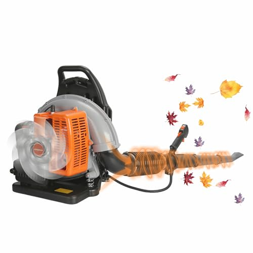 HshDUti Soplador de hojas de mochila de gasolina de 63 cc, mochila refrigerada por aire de 2 tiempos, alimentado por gas, 6800 RPM, 665 CFM, soplador de hojas de volumen de aire para cuidado del