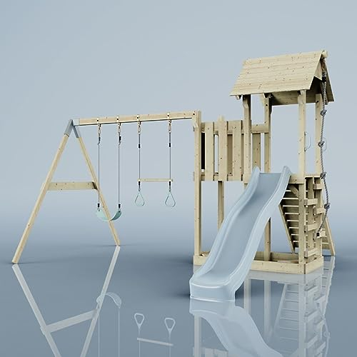 Rebo Spielturm mit Wellenrutsche, Kinder-Schaukel und Trapezstange | Outdoor Klettergerüst Garten mit Plattform | Kletterseil und Kletterleiter | Stabile Konstruktion
