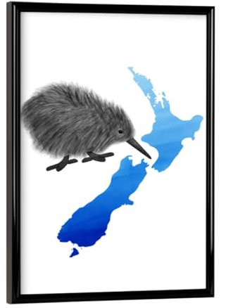 artboxONE Poster mit schwarzem Rahmen 18x13 cm Reise Neuseeland Karte Kiwi Vogel - Bild neuseeland Christchurch Kiwi