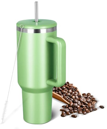 Vusddy Thermobecher mit Strohhalm und Henkel 40oz/1200ml, Doppelwandiger Isolierbecher mit Deckel und Griff, Edelstahl Trinkbecher Tragbarer Kaffee Mug für Reisen und Auto, Vakuum Auslaufsicher