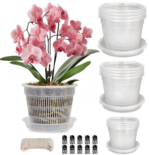 Tialero Confezione da 12 vasi per orchidee con piattini, 4 vasi per orchidee da 11,4 cm, 14 cm e 16 cm per rinvaso, vasi trasparenti per orchidee con fori, vaso in plastica per piante