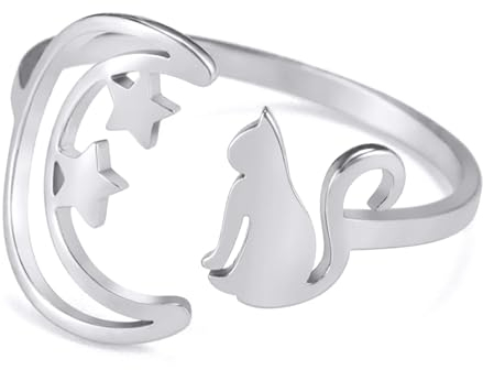 TEAMER Edelstahl niedlich Katze Ringe Mondsichel Stern Katze Ring Resizable Vollmond Katzen Ring Katzenliebhaber Schmuck für Frauen (Mondsichel Sternenkatze - Silber)