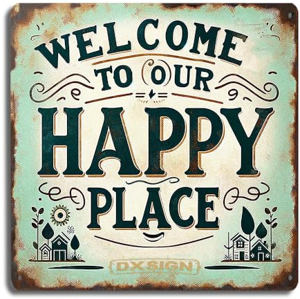 Rustic Teal Welcome Sign 8x8 inch - Shabby Chic Metal Tin Sign Decor, Vintage 'Welcome to Our Happy Place' Plaque, Ideal for Home Entrance, Living Room, Cafe & Garden Wall Decoration