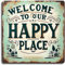 Panneau de bienvenue rustique bleu sarcelle 20,3 x 20,3 cm – Plaque décorative en métal style shabby chic, plaque vintage « Welcome to Our Happy Place », idéale pour la maison, l'entrée, le salon, le