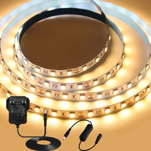 iNextStation 12V Warm White LED Strip Light 3000K, 16.4ft/5M SMD 5050 Led Light with Adapter & Switch Flexible Cuttable LED Tape Light for Bedroom Indoor Home Kitchen Bar Festival Decoration