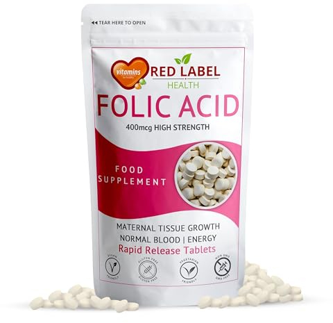 Red Label Health Folic Acid Tablets 400 mcg - 100 Vegan Vitamin B9 Tablets Pregnancy Care - Normal Function of Immune System & Maternal Tissue Growth During Pregnancy - Made in The UK