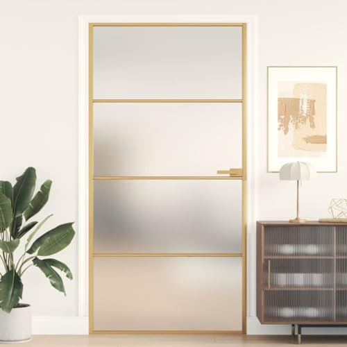 Gecheer Porta,Interna,in Vetro Temperato,e Alluminio,Oro e Opaco,3 Barre Orizzontali,102,5x201,5 cm,Porta per Interno,Porta in Vetro,Porta in Alluminio