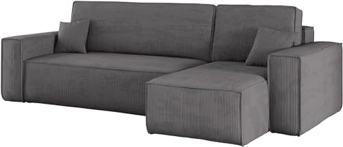 Kaiser Möbel, Ecksofa mit schlaffunktion, mit Bettkasten, Schlafsofa Best, Designer Sofa, Modern Design Couch, Polsterecke, Freistehend, Dicker Cord, Dunkelgrau Rechts