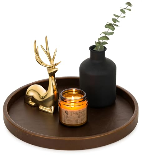 Hanobe Decorative Serving Tray Round: Small Modern Leather Coffee Table Trays for Ottoman - Luxury Circle Platter Plate for Vanity Perfume Display 28cm Brown