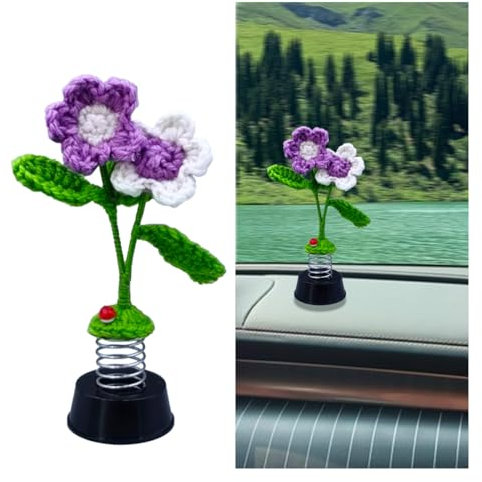 KITUREK Handgefertigte Blumen-Auto-Armaturenbrett-Dekorationen, Mini-niedliche Häkel-Strick-Blume, Auto-Wackelkopf-Armaturenbrett-Dekoration, Blumendekorationen, Geschenke für Frauen, Auto-Innenraum