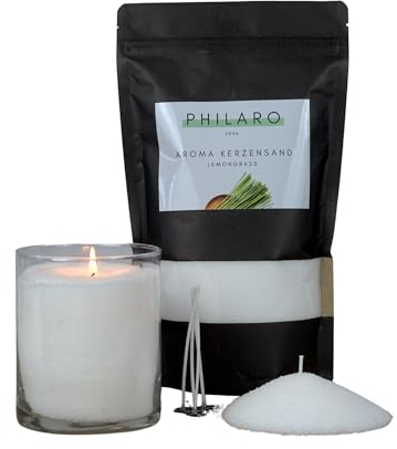 Philaro Kerzensand mit Duft - Lemongrass - 400g inkl. 4 Dochte in vier Duftvarianten - Kerzengranulat - Aromasand - Kreative DIY Kerzen - Kerzenalternative