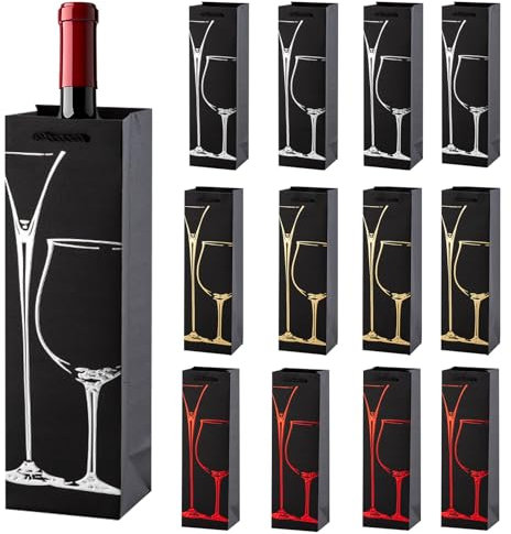 12pcs Xmas Kraft Wine Bags with Strong Rope Handles - Reusable Black Bottle Bags for Single Bottles & Christmas Parties