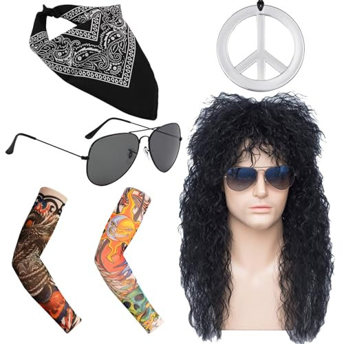 5-teiliges Rocker-Perücken-Set für Herren,60er-70er-80er-Disco-Perücke, Herren-Perücke,Vokuhila-Perücke,Kostümzubehör für Männer und Frauen, brauner lockiger Rock,lange Hippie-Perücke