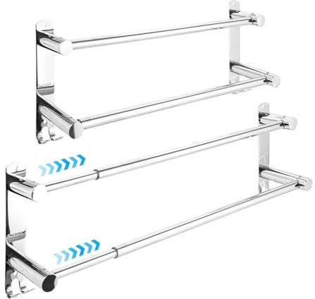 Oungy 2 toalleros extensibles 43-76 cm, barra doble sin taladrar, toallero de acero inoxidable, toallero de pared para baño con 4 ganchos, barra para toallas sin taladrar, para baño y cocina