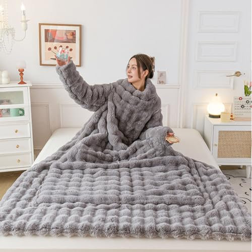 JHRFU with Sleeves Thickened Warm Wearable Quilt Rabbit Plush Pillow Sofa Full Body Blanket Soft Quilt Suitable for Family Winter Comfortable Blanket 150 * 200Cm,Grey
