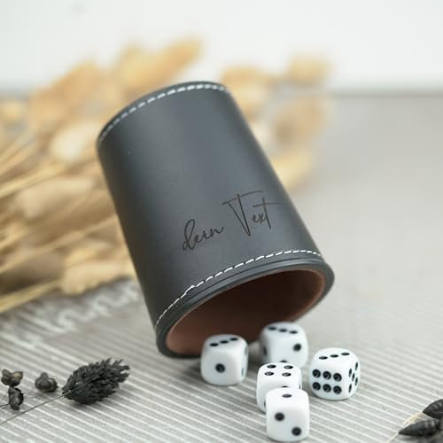 4b Würfelbecher mit Gravur und 5 Würfeln - Personalisiere nach deinem Wunsch, Individueller Knobelbecher Schwarz oder Braun zB. mit Namen tolle Geschenkidee (Schwarz)