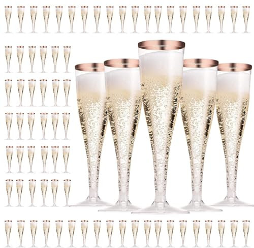 DYUEE Lot de 75 flûtes à champagne réutilisables en plastique avec bordure dorée, 150 ml, pour mariages, anniversaires, fêtes prénatales, fêtes, pique-niques et camping