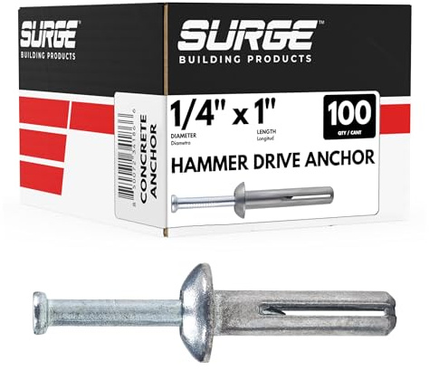 1/4 x 1 Hammer Drive Nail in Concrete Anchor (100/BOX) | Nail Drive Anchor for Concrete, Block, and Brick | Mushroom Head Fasteners with Carbon Steel Nail