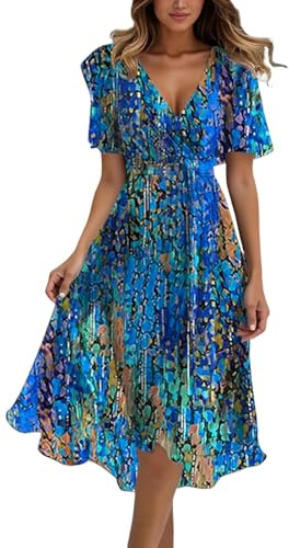 Damen Elegant Blumenkleid Kurzarm V-Ausschnitt Maxikleid A-Linie Sommerkleid