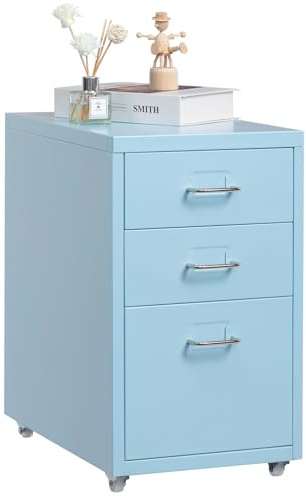 HollyHOME Classeur mobile à 3 tiroirs, organiseur de classement à roulettes, armoire de rangement en métal avec roulettes pour la maison et le bureau, bleu clair