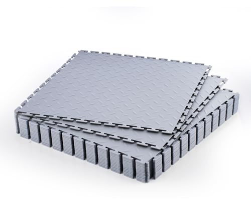 VEVOR Dalles de Garage Emboîtables, Lot de 16, Revêtement de Sol Garage Modulaire 513 x 513 x 5 mm, Tapis Antidérapants PVC pour Garages, Atelier de Réparation, Entrepôt, Local à Outils, Gris Clair
