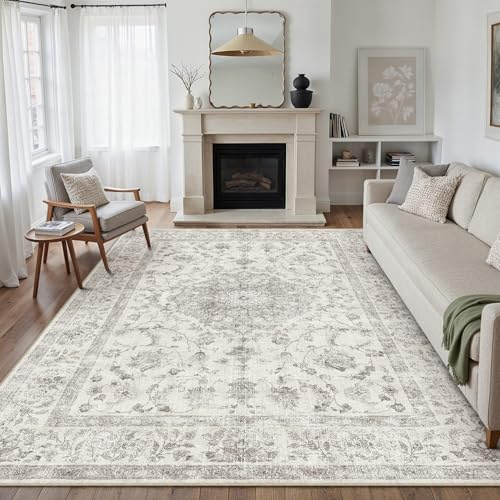 PureCozy Grau Teppich Wohnzimmer 200x300cm Waschbarer Vintage Teppiche | Rutschfest Kurzflor,Weich Teppiche,Wohnzimmerteppich,Schlafzimmer,Esszimmer,Büro,Kinderzimmer