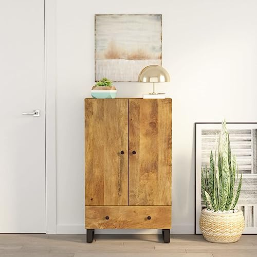 Hoopleep Highboard mit Schublade 60x33x100 cm, Massivholz Mango & Eisen, Stauraumschrank für Wohnzimmer, Schlafzimmer, Flur, Industrie-Design