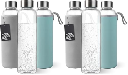 Moritz & Moritz Gourde en verre 500 ml – Convient pour les boissons gazeuses et anti-fuite – Bouteille en verre pour le sport, l'école, l'université ou le travail – Avec housse de protection