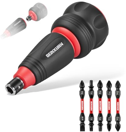 GEINXURN 6 tlg. Stubby Ratschen-Schraubendreher-Set, 2-in-1 Stummelschrauber, Doppelendige S2-Stahl Bits (PH2, PZ2, T20, T25, SL1/4), Magnetischer Schlag-Multi Schraubendreher Bit für Reparatur