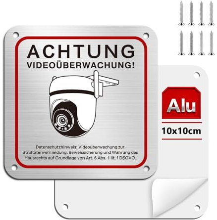 alasemo 2 Stück Schild Videoüberwachung Dsgvo Privatgrundstück 10x10cm, Alu | Videoüberwachung Schild,Selbstklebend|Schrauben, Reflektierend, UV- und wasserfest und langlebig für Innen- und Außenbereiche