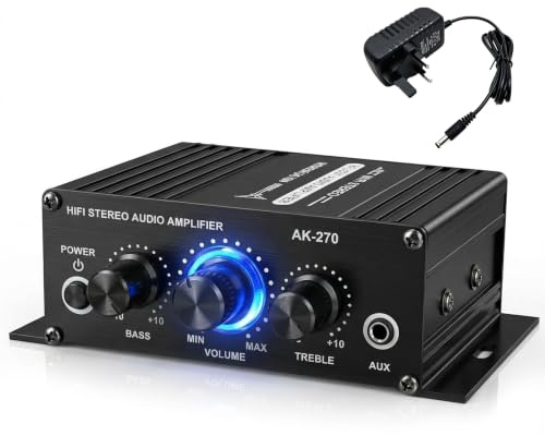 Mini Stereo Amplifier, 2.0 Channel Hi-Fi Home Audio Amp for Passive Speakers, Class Amplifier with RCA AUX Input, Bass Treble Volume Control, 12V 3A UK Plug Power Supply for PC TV Phone Car Vehicle