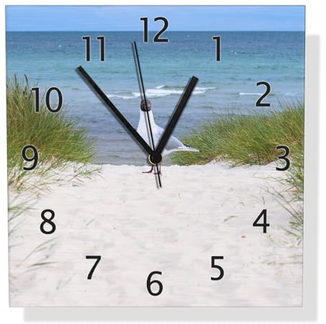 Wallario Design Wanduhr Möwe auf der Düne aus Aluverbund, Alu-Uhr Größe 30 x 30 cm, Schwarze Zeiger mit Metalloptik