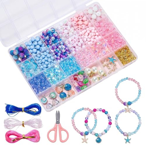 625 Stück Perlen für Armbänder Selber Machen Set – Meeresthema Perlen-Set zum Auffädeln, DIY Armband Bastelset für Schmuck, Ketten und Freundschaftsarmbänder für Erwachsene