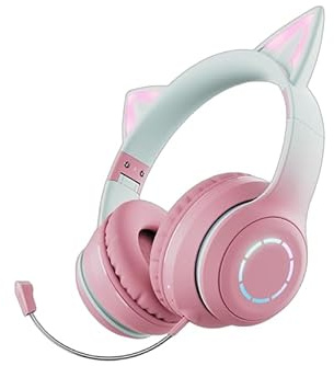 Increfunhome Wireless Cat Ear Headphones with LED Lights, 14 Hour Playtime, Stereo, Foldable (Pink)