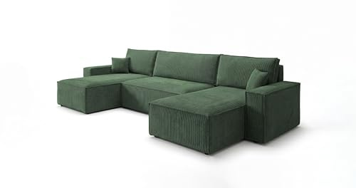 CORNERO Mona MINI U Ecksofa U-Form mit Schlaffunktion und Bettkasten – Couch U-Form fürs Wohnzimmer 3-Sitzer 312 cm x 142 cm x 85 cm (Grün)