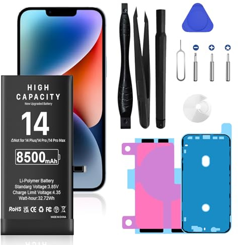 Batterie pour iPhone 14, (8500mAh) Nouvelle Mise à Niveau Batterie Haute Capacité de Remplacement pour iPhone 14, A2882, A2649, A2881, A2884, A2883 avec Kit de Réparation