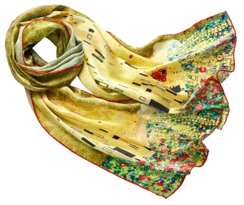 Prettystern Damen goldene Seidenschal langer art nouveau Jugendstil kunstmotiv Gustav Klimt- Der Kuss Kiss P760