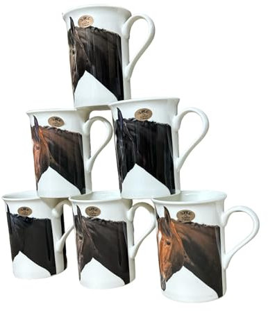 Set 6 Fine China Mugs, individually boxed - Horses Design. Free UK Delivery.