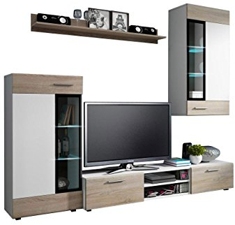 Wohnwand Twist, Design Modernes Wohnzimmer Set, Anbauwand, Schrankwand, Vitrine, TV Lowboard, Mediawand, (mit weißer LED Beleuchtung, Weiß/Eiche Sonoma + Weiß)