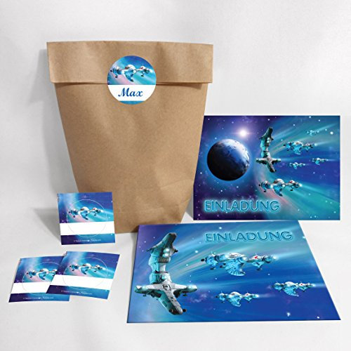 JuNa-Experten 12-er Set Einladungskarten, Umschläge, Tüten, Aufkleber zum Kindergeburtstag Jungen Space Weltraum Raumschiff Spaceshuttle (12 Karten + 12 Umschläge + 12 Party-Tüten + 12 Aufkleber)