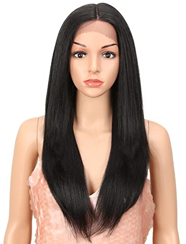 Style Icon Perücke mit Filmansatz 61cm Lace Front Wigs Schwarz Perücken für Frauen Mittelscheitel lang glatt synthetische Perücken mit Babyhaar Kunstfaser synthetische Faser 130% Dichte