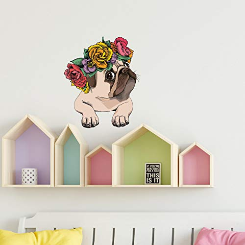 Sunnywall Wandtattoo Aufkleber Mops mit Blumenkranz