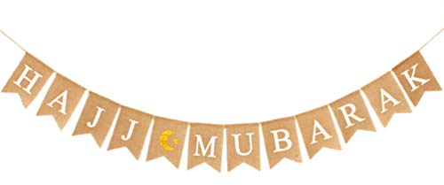 Amosfun Hajj Mubarak Banner Jute Sackleinen Stern Mond Wimpelkette Girlande Zugfahne für Weihnachten Festival Kamin Dekoration