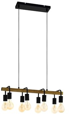 EGLO Hängelampe Erribera, 8-flammige Vintage Pendelleuchte über Esstisch | Deckenlampe hängend im Industrial Design, Esszimmerlampe aus Metall in Schwarz und Holz-Optik, E27 Leuchtmittel