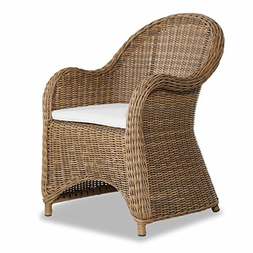 Loberon Sessel Kerun, Handgeflochten, Natürliche Rattan-Optik, Hoher Sitzkomfort, Mediterraner Charakter, Outdoor, Gartenmöbel, Sitzmöbel, Polyrattan, Baumwolle, braun/weiß