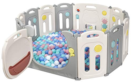 DREAMADE Faltbares Laufgitter 12 Elemente, Baby Laufstall, Absperrgitter aus Kunststoff, Schutzgitter, Krabbelgitter für Kinder mit Tür und Spielzeugboard (12 Paneele)
